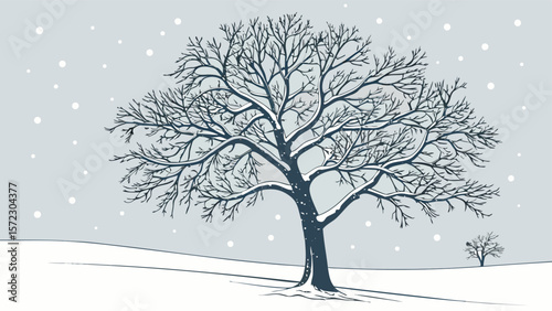 Bare Winter Tree Under Snowfall in Minimal Seasonal Landscape Style

