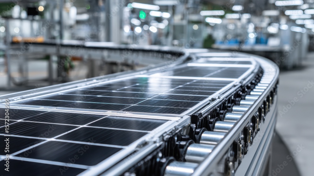 Close-up of solar panels moving along automated conveyor belt in modern green energy production factory perfect for sustainability visuals, renewable energy ads and clean technology promotions Close-up of solar panels moving along automated conveyor belt in modern green energy production factory perfect for sustainability visuals, renewable energy ads and clean technology promotions