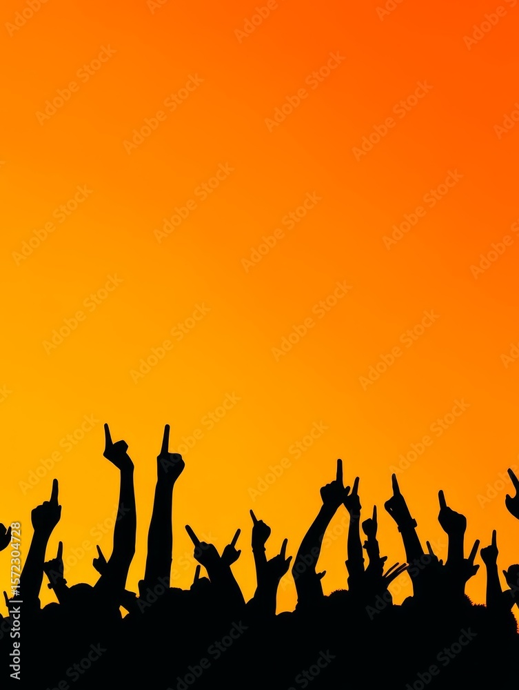 Orange Sunset Concert Crowd - Energetic concert scene, silhouettes of a cheering crowd against a vibrant orange sunset. Symbolizing: excitement, music, unity, celebration, freedom Orange Sunset Concert Crowd - Energetic concert scene, silhouettes of a cheering crowd against a vibrant orange sunset. Symbolizing: excitement, music, unity, celebration, freedom