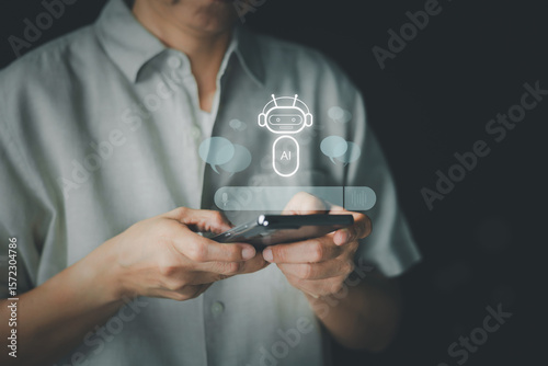 A person holds a smartphone with an AI chatbot interface overlay, symbolizing the integration of artificial intelligence into daily life and mobile technology. Concept of digital communication.
