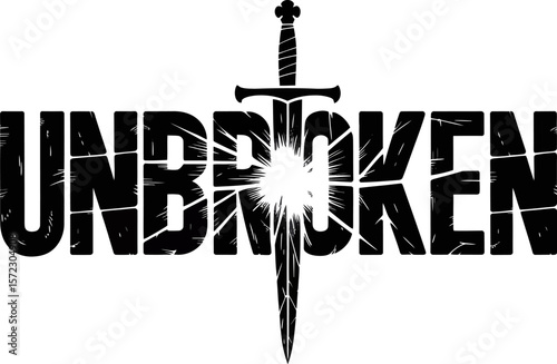 The word unbroken with a sword through the middle and a white background in a graphic design style