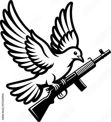 A drawing of a white dove carrying a black rifle with its wings spread on a light gray background