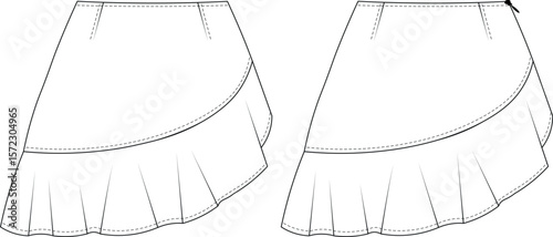 darted tailored zippered frilly ruffle asymmetric hem mini short skirt a line jean denim template technical drawing flat sketch cad mockup fashion woman design style model 
