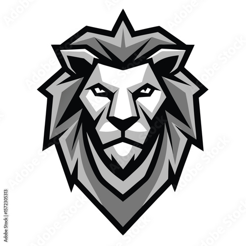 Bold monochrome lion head boasts a stylized mane and a regal, formidable appearance