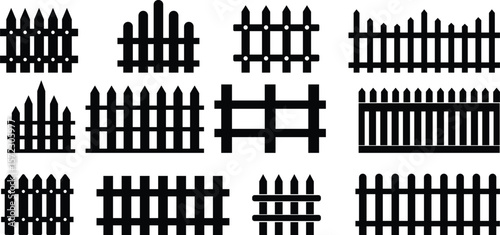 Wooden Fence Icon set. Classic Garden Fencing Symbol. Simple Wooden Fence cassic picket fence that embodies simplicity and security its clean lines and rustic charm.collection of Garden fence wooden.