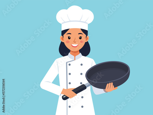 Smiling chef in uniform holds a frying pan, ready to cook.