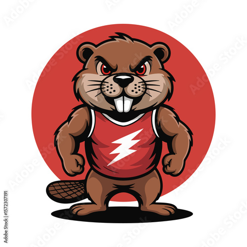 A cartoon illustration of a muscular beaver with a fierce expression and red eyes, wearing a red tank top with a white lightning bolt, standing against a solid red circle background.
