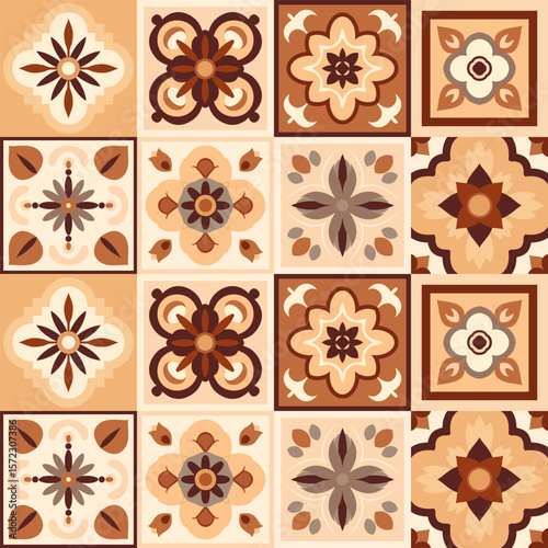 Ornamental tiles featuring geometric and floral patterns in warm tones