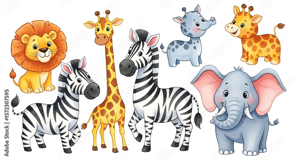 Naklejka premium Colorful Cartoon Safari Animals Illustration for Kids and Educational Materials