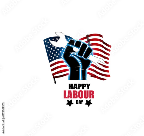 Powerful Labour Day Illustration with Fist Holding Wrench and USA Flags – Workers Celebration Graphic Design

