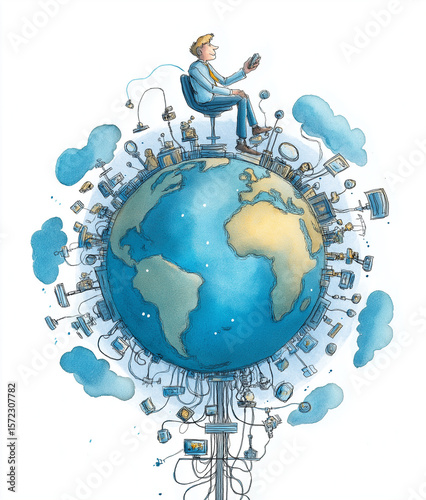 A watercolor drawing of the Earth with some wire and computer cables wrapped around it.