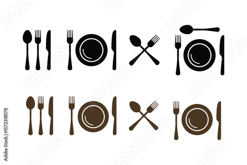 Cutlery Icon Set – Spoon, Fork, Knife and Plate Symbols for Restaurant Menu, Food App and Dining UI. vector.
