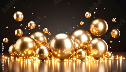 Golden spheres cluster, glowing lights