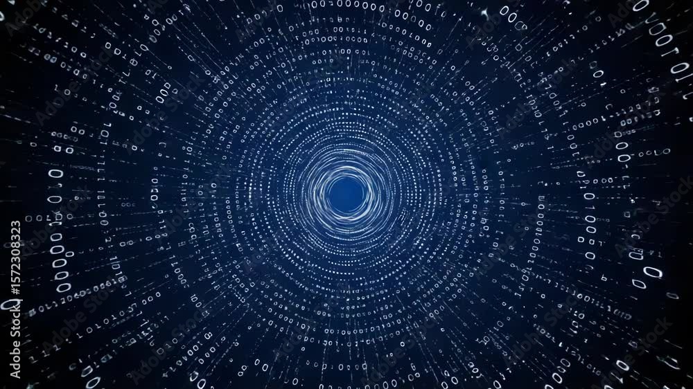 A circular tunnel of binary code converging to a central point, symbolizing digital connectivity
