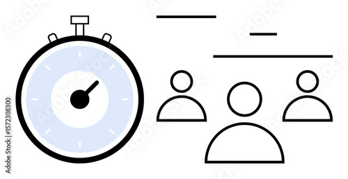 Stopwatch with a black needle next to three user icons, representing teamwork, efficiency, deadlines, productivity, project planning, workforce collaboration, ideal for a simple landing page
