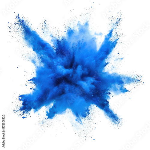 Bright blue powder festival explosion with white background separated