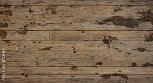 Weathered wooden planks arranged horizontally marked with dark irregular wet stains and visible grain