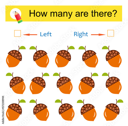 Math activity for  children. Developing numeracy skills. Cartoon acorn.