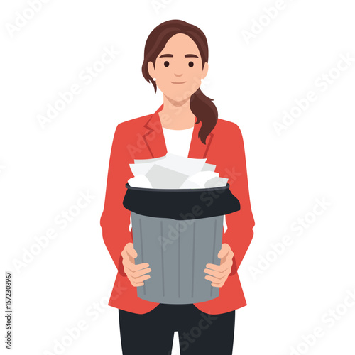 Woman Holding a Trash Can Filled with Paper. Flat vector illustration isolated on white background