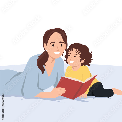 Mother Reading a Book to Her Daughter. Flat vector illustration isolated on white background