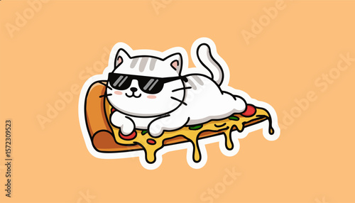 Cool cat chilling on a melting pizza slice