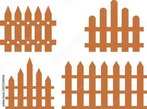 Wooden Fence Icon set. Classic Garden Fencing Symbol. Simple Wooden Fence cassic picket fence that embodies simplicity and security its clean lines and rustic charm.collection of Garden fence wooden.
