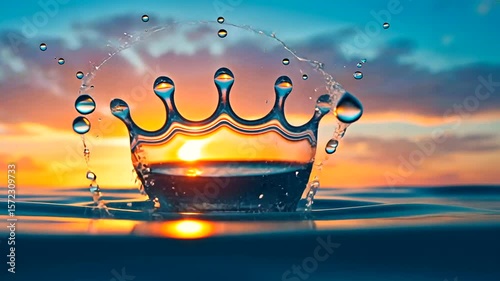 A stunning water splash creating a crown shape at sunset over a tranquil ocean horizon