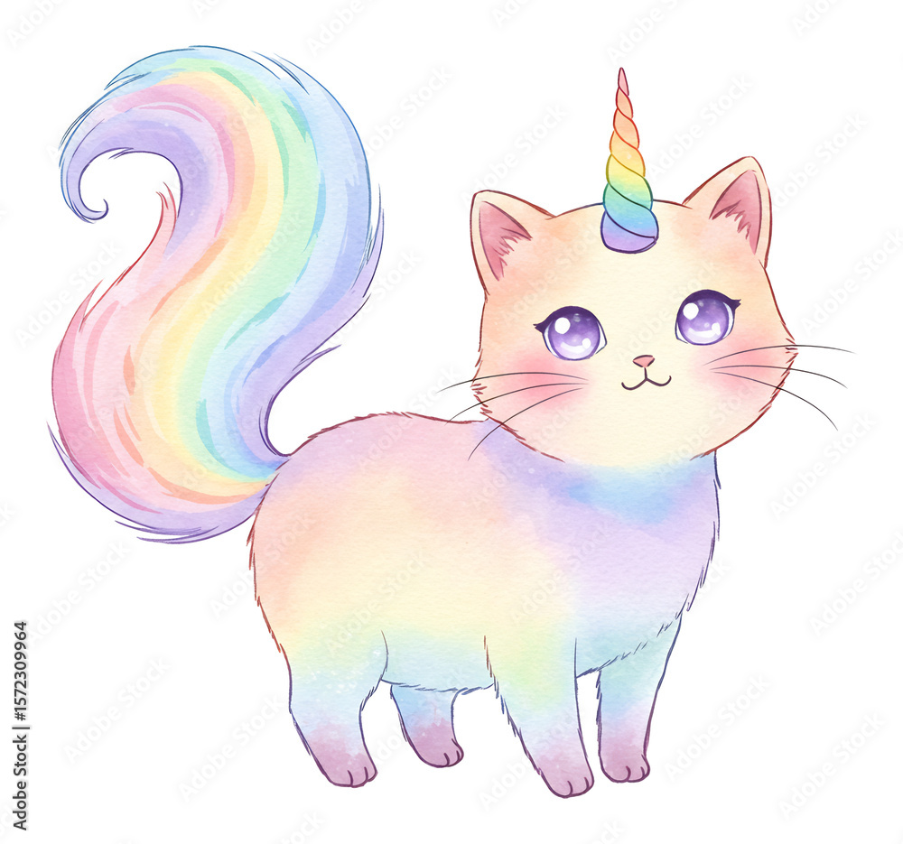 Obraz premium 虹色猫 ユニコーン風 水彩画風 パステルカラー 夢かわ 愛らしい表情