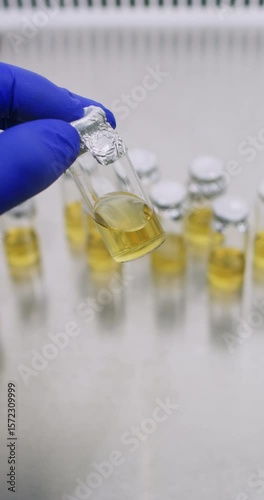 Experienced lab technician in protective rubber gloves picks up vial of injection medicine filled with yellow liquid. Scientist shakes jar gently to observe fluid