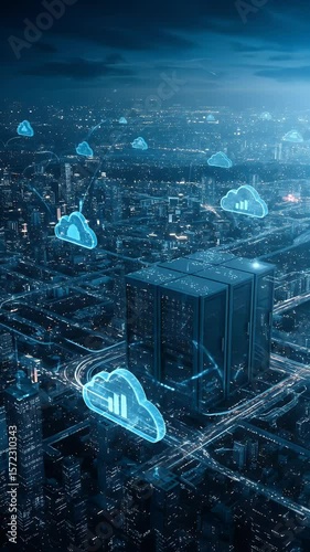3D Abstract Cloud Computing Network City Night Background