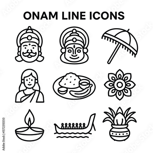 Onam Festival Celebration Line Art Icons Set