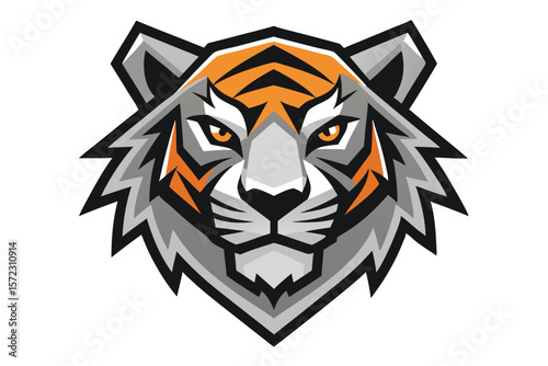 Fierce gray tiger with striking orange eyes stands out inside a geometric outline