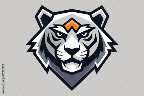 A stylized gray tiger head with orange eyes gazes forward, outlined in black