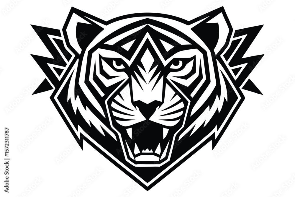 Obraz premium Cartoon tiger head presents a stylized mascot featuring orange eyes and white fur