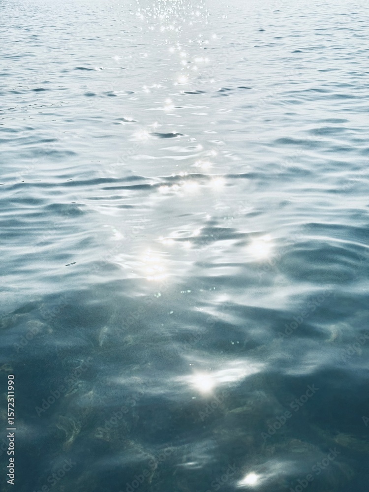 Naklejka premium Blue morning light reflecting on calm ocean at dawn.