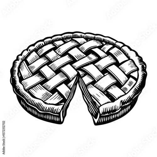 Pie with lattice crust isolated on white background in hand-drawn style. Delicious pie with lattice crust features a classic woven design.