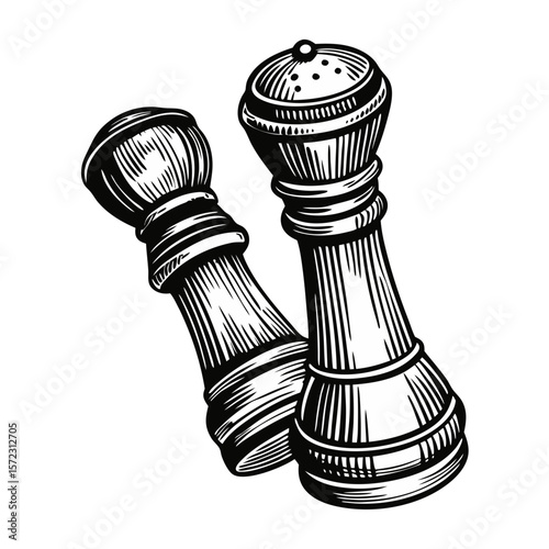 Salt and pepper shakers in hand-drawn style, perfect for seasoning, add flavor to any meal. Salt and pepper shakers are essential condiments on every dining table.