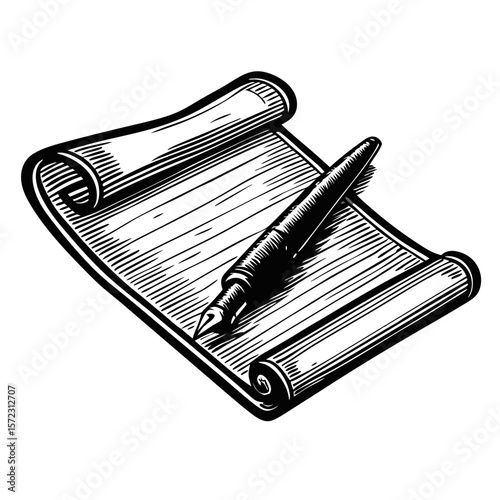 Sheet oi paper and pen in hand-drawn engraving, showcasing classic writing instruments. Sheet and pen for traditional correspondence evokes history and craftsmanship in design,