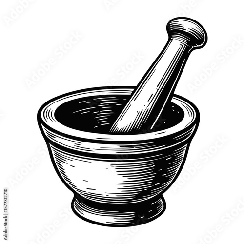 Hand-drawn engraving of mortar and pestle, showcasing traditional kitchenware equipment. Mortar and pestle are essential tools for grinding herbs and spices, emphasizing food preparation.