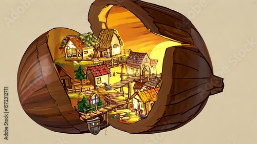 A whimsical village nestled inside a giant acorn at sunset, showcasing charming houses and pathways