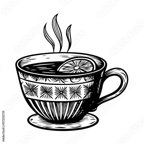 Cup of tea with lemon, a refreshing hand-drawn engraving, showcases steam rising from a cup. Cup of tea with lemon illustration includes slice of citrus adding flavorful zing.