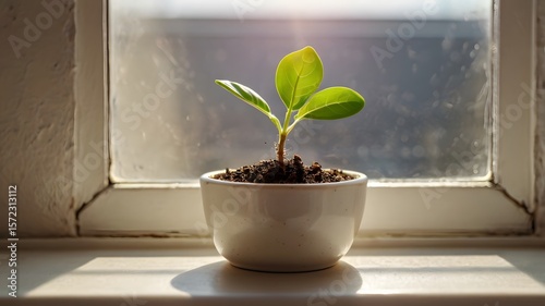 Young Green Plant with Three Leaves in White Pot on Sunlit Windowsill – Minimalist Indoor Gardening Concept