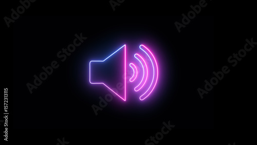 Glowing neon sound speaker icon black background.