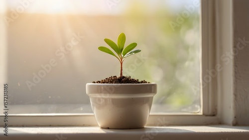 Young Plant in White Pot on Sunny Windowsill – Serene Indoor Gardening and Natural Light Concept