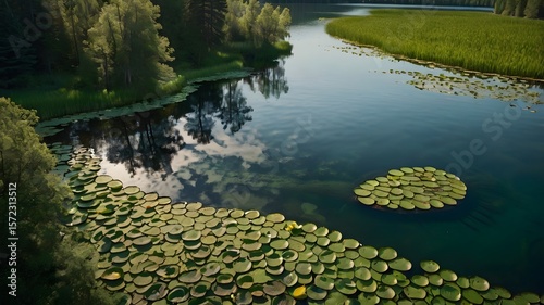 Tranquil Lake with Lily Pads and Reflections in a Lush Forest Landscape