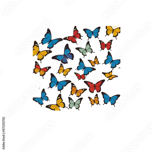 A collection of various colored butterflies scattered on white background
