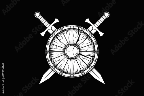 Shield and swords vector graphic illustration for medieval fantasy game asset or logo design template concept