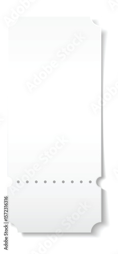 Blank white ticket with perforation casting shadow is isolated on white background, perfect for adding your own design, text, price, or other information