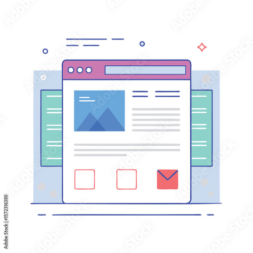 Flat design illustration of a website interface with content and navigation elements