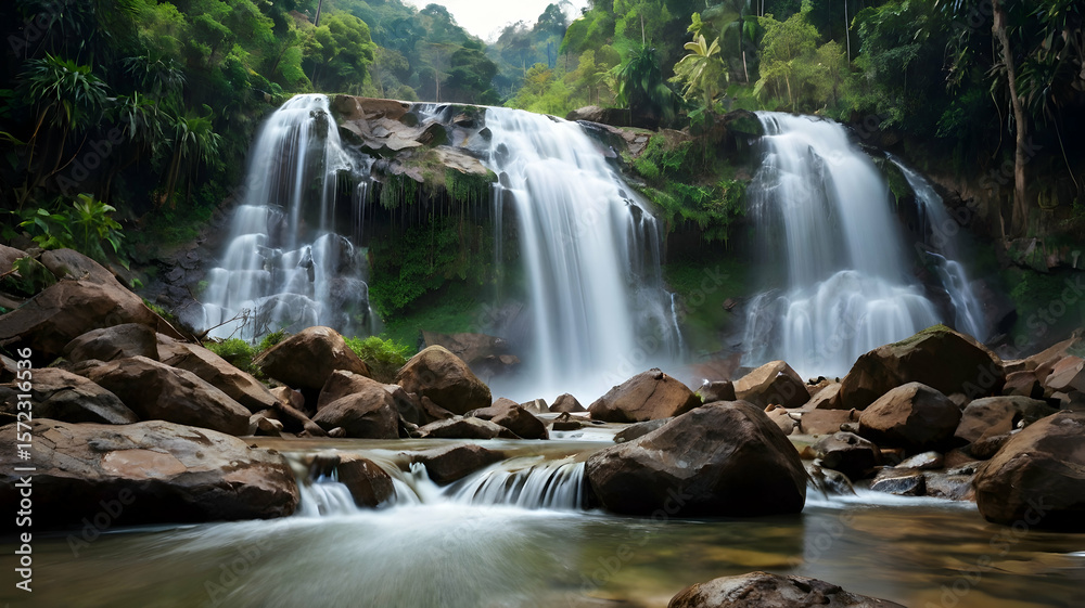 Fototapeta premium Waterfall flowing through rocky mountain landscape with lush greenery for nature scenery, outdoor exploration and natural beauty background